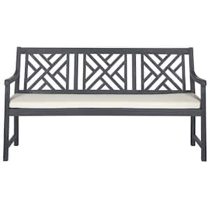 Bradbury 60.6 in. 3-Person Ash Gray Acacia Wood Outdoor Bench with Beige Cushions