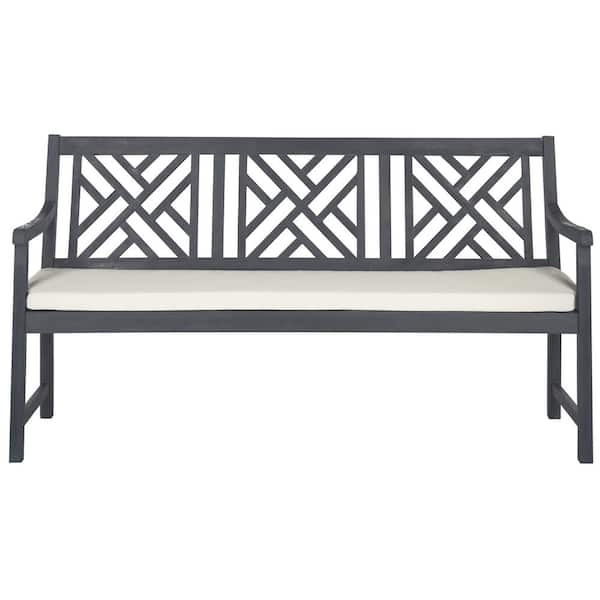 SAFAVIEH Bradbury 60.6 in. 3-Person Ash Gray Acacia Wood Outdoor Bench with Beige Cushions