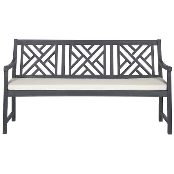 Bradbury 60.6 in. 3-Person Ash Gray Acacia Wood Outdoor Bench with Beige Cushions