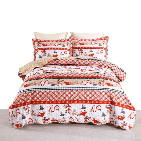 MarCielo BY210 Christmas Red Snowmen and Sledges Full Size Polyester Quilt Bedspread Set