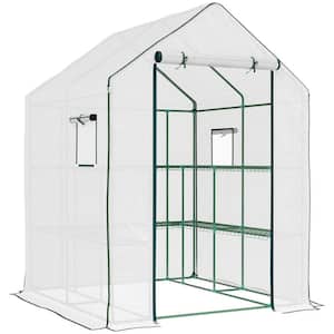56.25 in. W x 55 in. D x 74.75 in. H Portable Greenhouse with 2 Tier U-Shaped Rack Shelves, Roll Up Door & Window, White