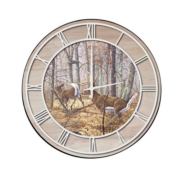 Unbranded "Autumn Pursuit" Woodgrain Accent and White Numbers Imaged Wall Clock