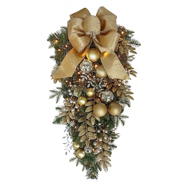 28 in. Gold and Green Battery Operated Prelit Flocked Artificial Christmas Wall Decoration