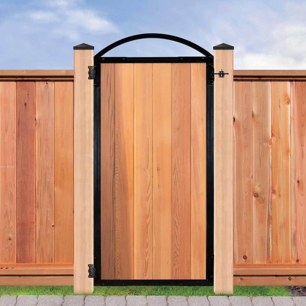 Glossy Black Metal and Wood Arched Garden Gate Frame