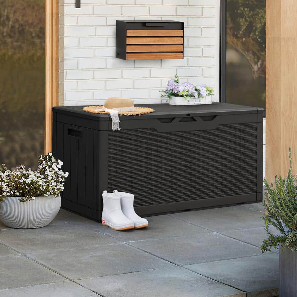 Black Resin Wicker Lockable 100 Gallon Deck Box