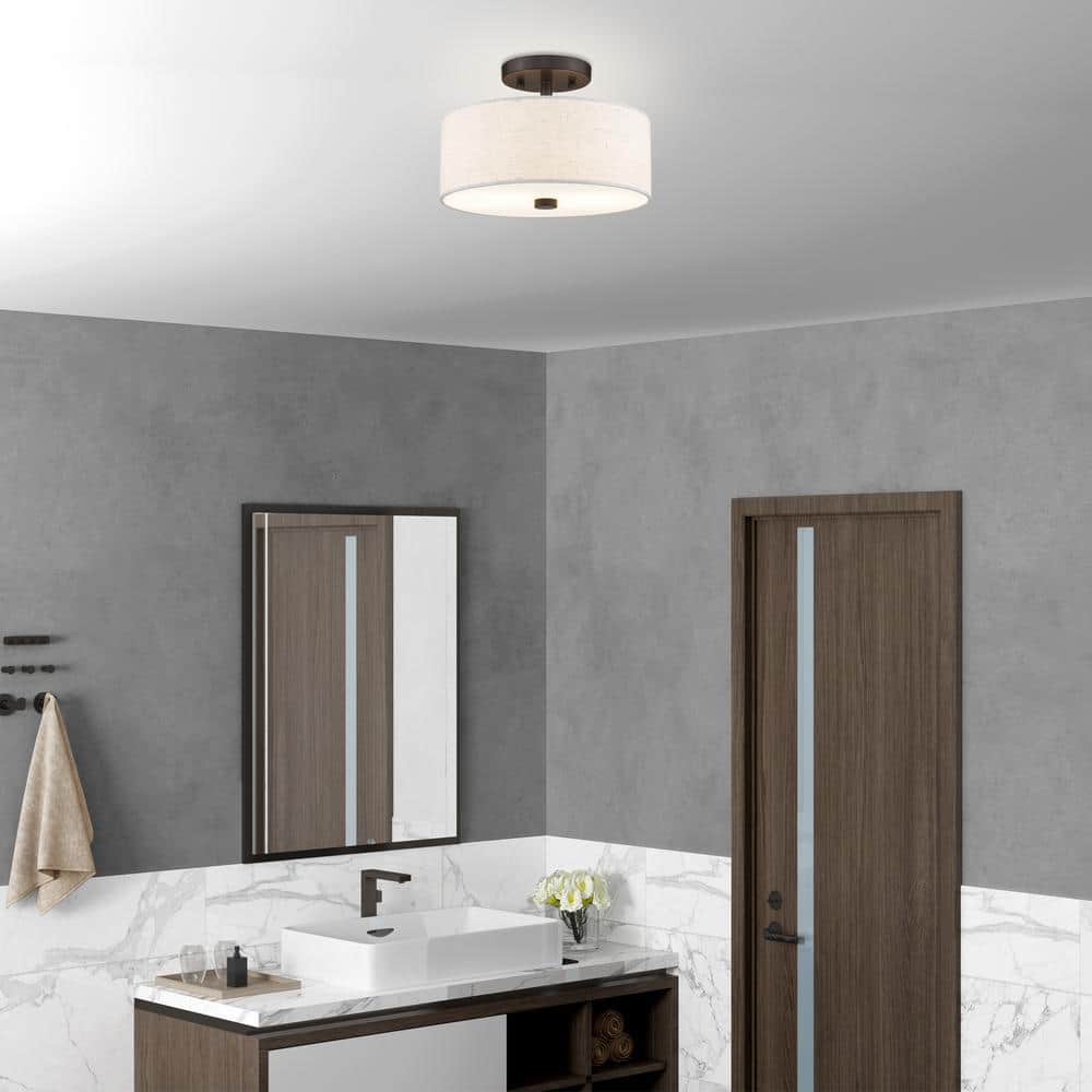 English Bronze 2-Light Semi-Flush Mount with Oatmeal Shade