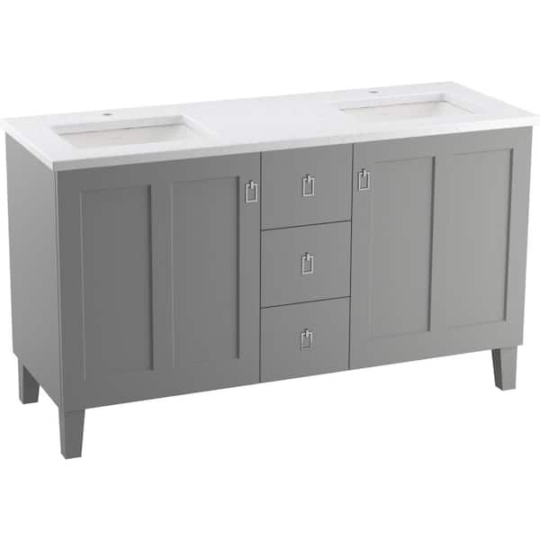 KOHLER Poplin 60 in. W x 22 in. D x 35 in. H Double Sink Freestanding ...