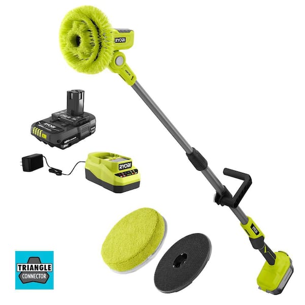 RYOBI ONE+ 18V Cordless Telescoping Power Scrubber Kit with 2.0 Ah Battery and Charger and 6 in. 2-Piece Cloth Microfiber Kit