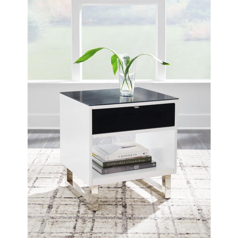 Black and White Glass Top Rectangular End Table with Storage