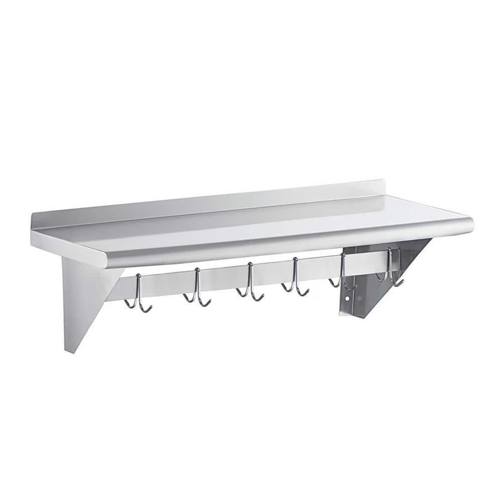 36" Stainless Steel Wall Mounted Shelf with Hooks and Brackets