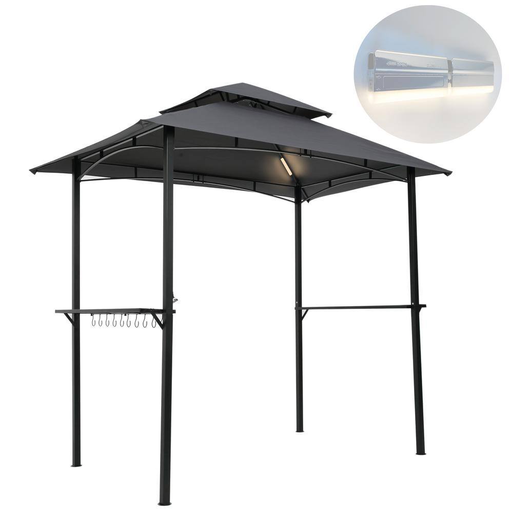 Grey Lighted 8 ft. x 5 ft. Outdoor Barbecue Pavilion with Double Soft Roof 