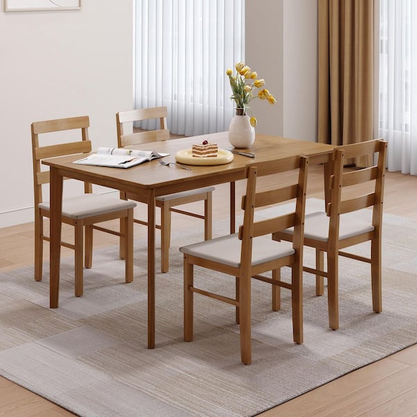 5-Piece Rectangular Brown Wood Dining Set 1 Table and 4 Chair Seats with Beige Cushions