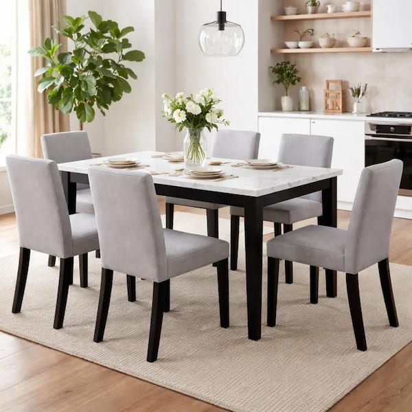 Benjara Pazy White and Black Faux Marble 64 in. 4-Legs Base Dining ...