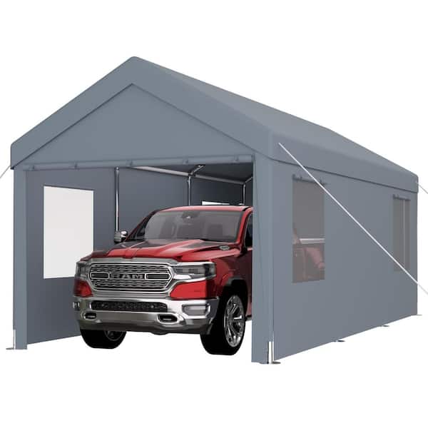 12 ft. x 20 ft. Portable Garage, Heavy Duty Car Port Canopy with 2 Roll-up Doors & 4 Ventilated Windows, Gray