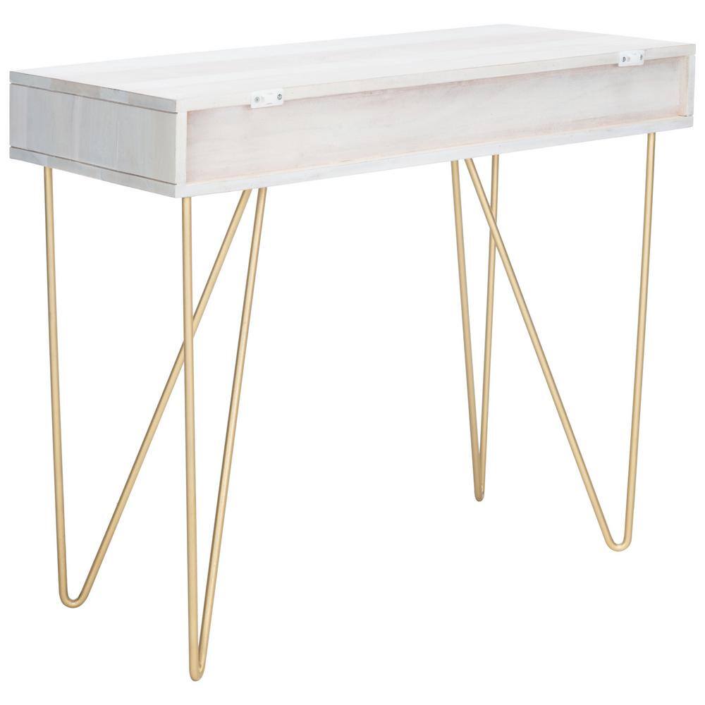 White and Brass Wood Writing Desk with Drawer