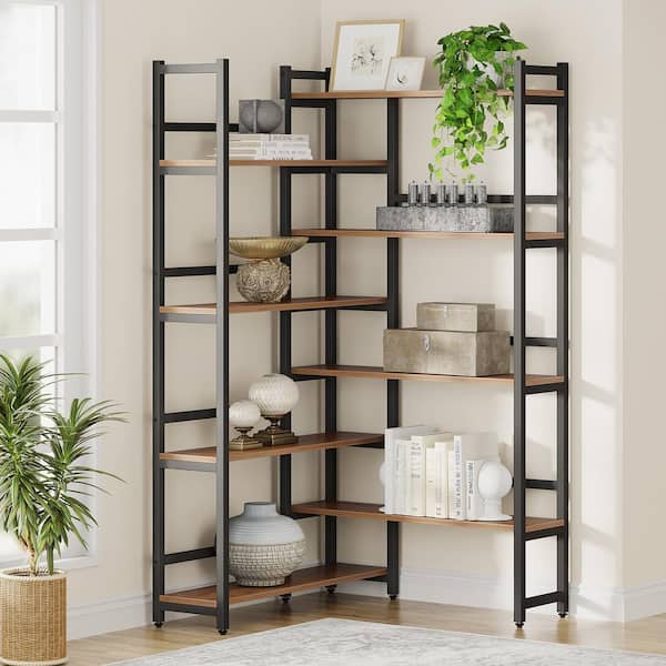 BYBLIGHT Eulas 70.8 in. Rustic Brown 8 shelf Industrial L-Shaped Corner Bookcase with Open Back for Home Office