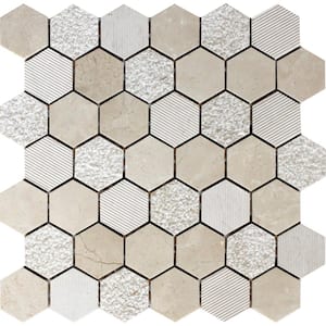 Beige 11.8 in. x 12 in. Hexagon Marble Polished and Etched Mosaic Floor and Wall Tile (5-Pack) (4.92 sq. ft./Case)