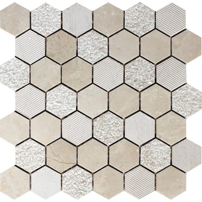 Beige 12 in. x 12 in. Hexagon Polished, Etched Crema Marfil Marble Mosaic Floor and Wall Tile (4.92 sq. ft./case) 5-Pack