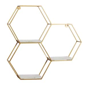 24 in.  x 24 in. Gold Hexagon 3 Marble Shelves Marble Wall Shelf