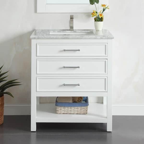 Smania 30 in. W x 22 in. D x 35.63 in. H Single Sink Freestanding Bath Vanity in Matte White with Carrara Marble Top