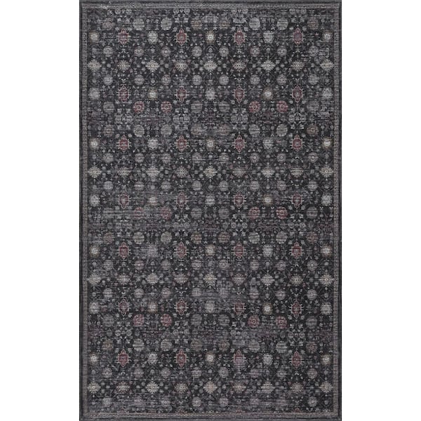 Petunia Distressed All-Over Floral Border Non-Slip Machine-Washable Charcoal/Red 8 ft. x 10 ft. Area Rug