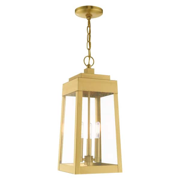 AVIANCE LIGHTING Vaughn 19.75 in. 3-Light Satin Brass Dimmble Outdoor Pendant Light with Clear Glass and No Bulbs Included