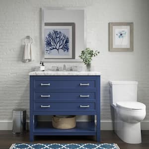 Everett 37 in. W x 22 in. D x 36 in. H Single Sink Freestanding Bath Vanity in Aegean Blue with Carrara Marble Top