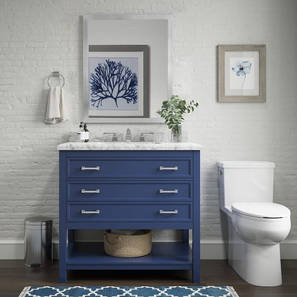 Home Decorators Collection Everett 37 in. W x 22 in. D x 36 in. H Single Sink Freestanding Bath Vanity in Aegean Blue with Carrara Marble Top