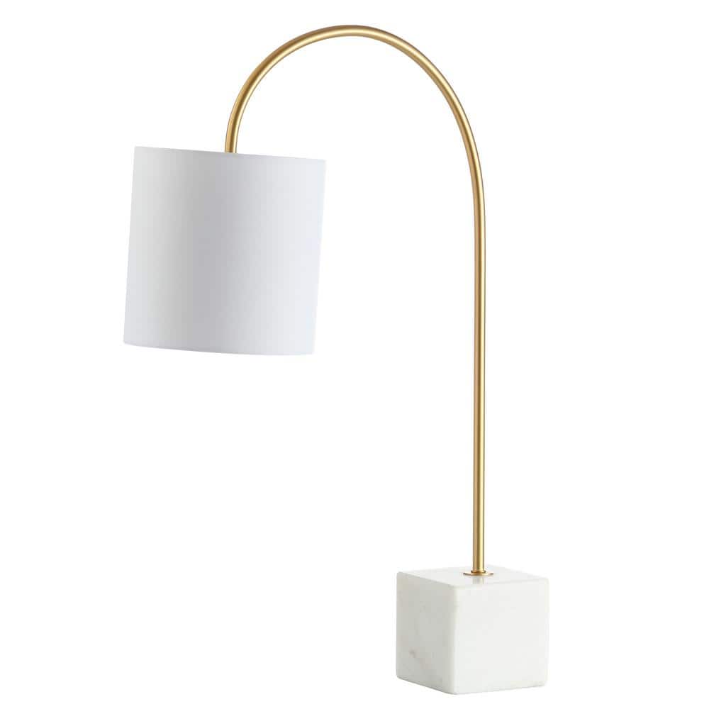 White Marble and Brass Arc Table Lamp with Cotton Shade