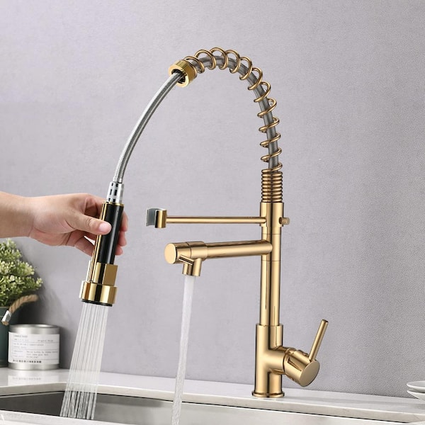 Modern Single Handle Pull Down Sprayer Kitchen Faucet, Spring Kitchen Faucet Stainless Steel, 360° Swivel in Gold