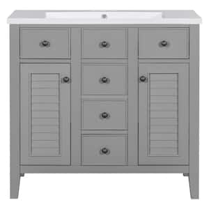 35.98 in. W x 18.03 in. D x 34.38 in. H Freestanding Bath Vanity in Gray with White Ceramic Top, Cabinets and 5 Drawers