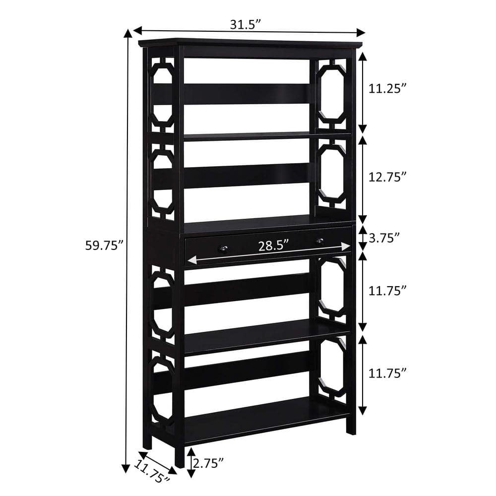 Black Wood 5-Tier Bookcase with Drawer