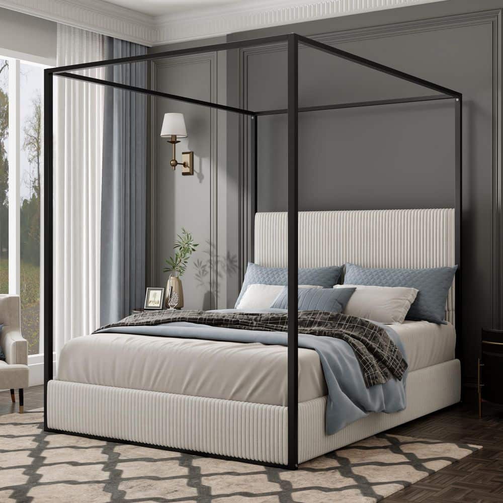 White Wood Frame King Canopy Bed with Tall Corduroy Upholstered Headboard and Gold 4-Poster price history on PriceWatchPro