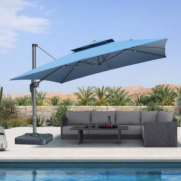 12 ft. Square Sunbrella Double Top Outdoor Aluminum 360° Rotation Cantilever Patio Umbrella in Denim Blue