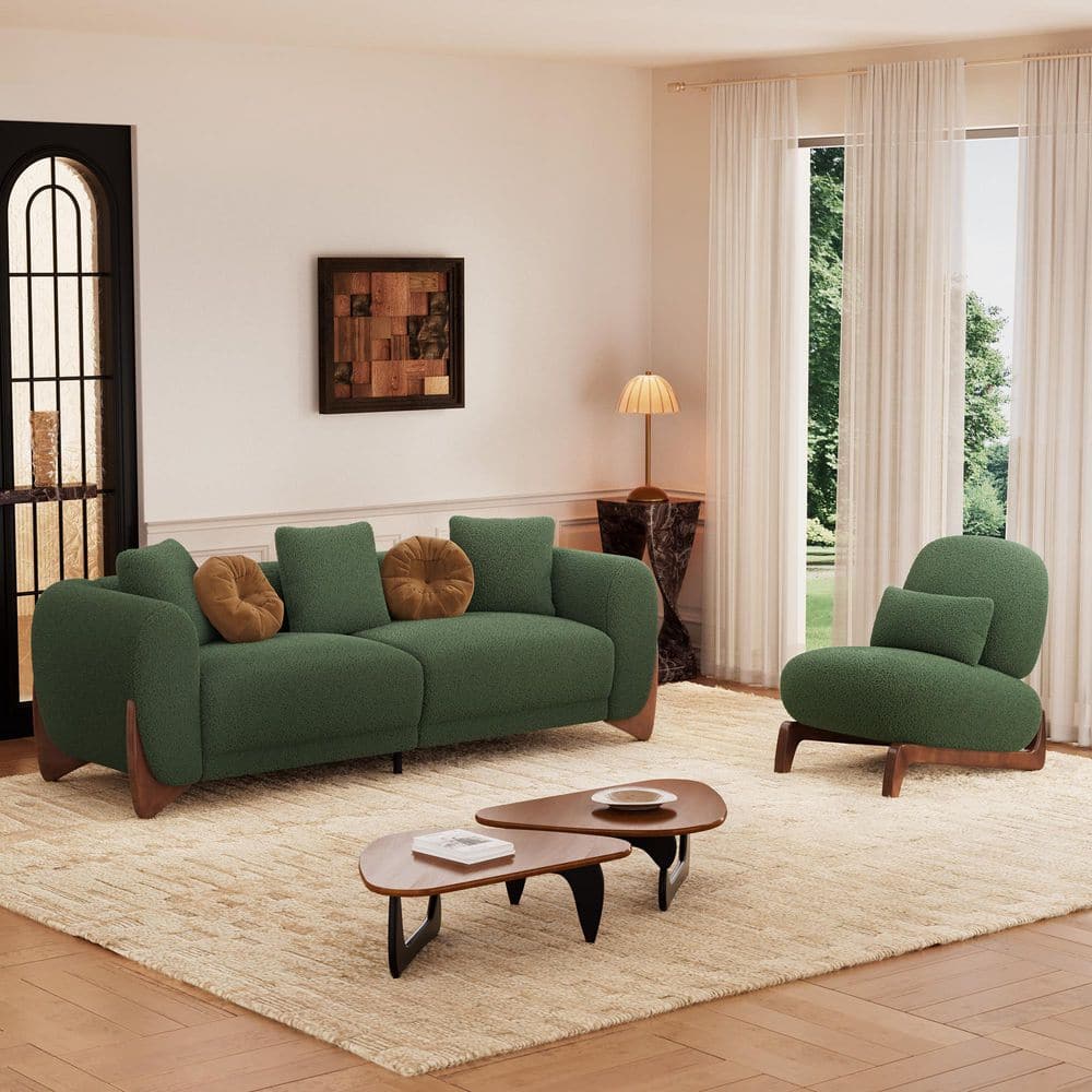 Morden Fort Cloud Couch 2-Piece Green Sherpa Velvet Sofa and Chair