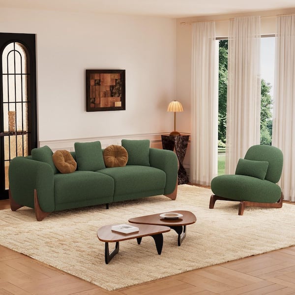Cloud Couch 2-Piece Green Sherpa Velvet Sofa and Chair with Solid Wood Leg Living Room Set for Apartment