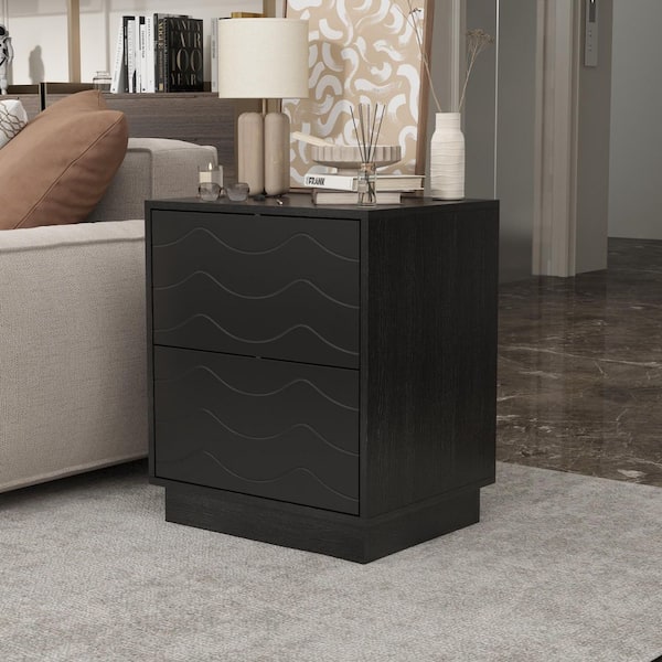 Black 2-Drawer 19.6 in. W Wood Nightstand, End Table with Wave Line Drawer Surface
