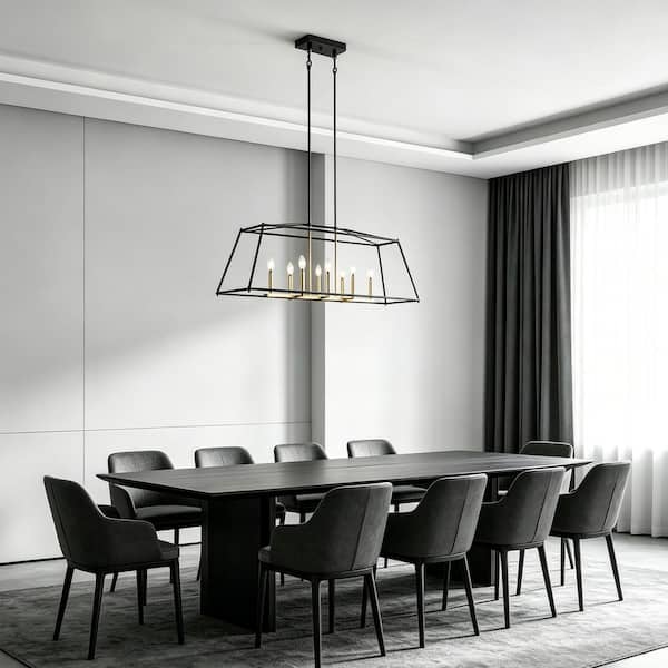 47.2 in. 8-Light Modern Black and Deep Gold Linear Island Pendant Chandelier with Trapezoid Frame for Kitchen Island