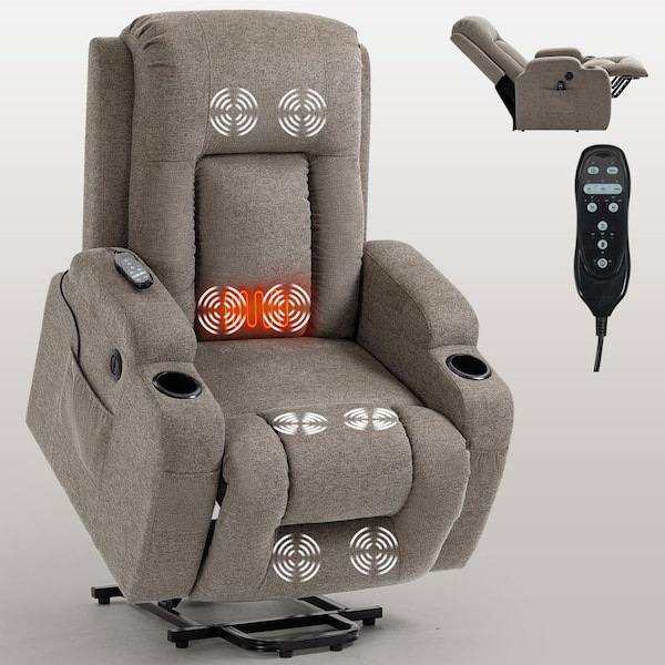 Clihome Brown Single Motor Power Lift Recliner Chair Polyester Massage Chair with USB Charging Port, Cup Holders