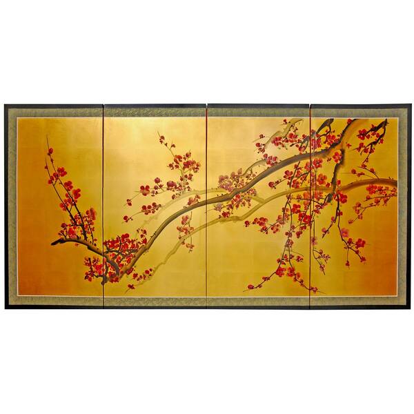 Photo 1 of 36 in. x 72 in. "Plum Tree on Gold Leaf Silk Screen" Wall Art