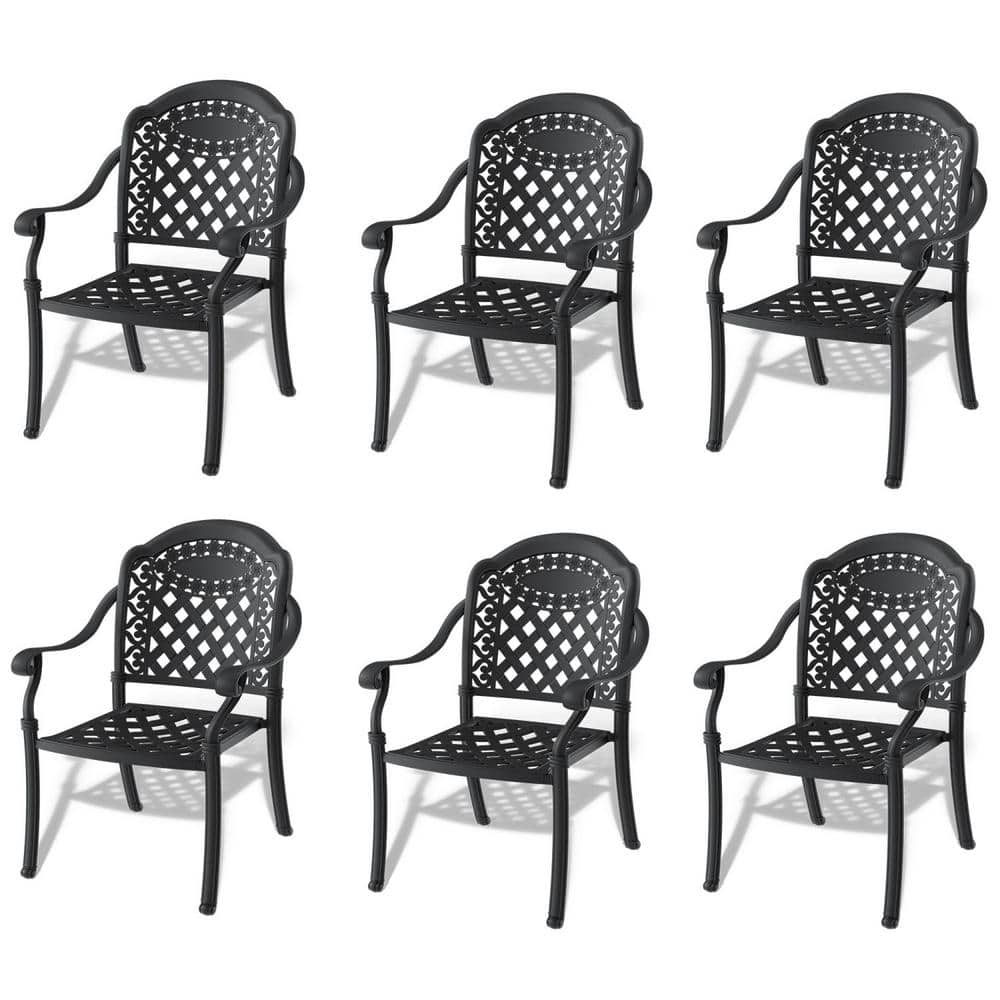 Black Cast Aluminum Outdoor Dining Chair with Random Solid Color Cushions (