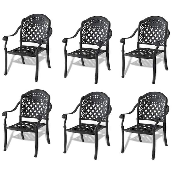 Tidoin Black Cast Aluminum Outdoor Dining Chair with Random Solid Color Cushions (6-Pack)