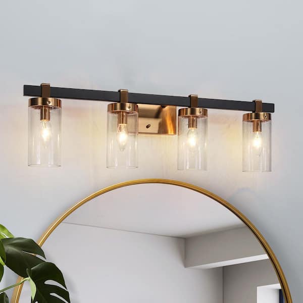 28 in. 4-Light Transitional Brass Bathroom Vanity Light, Modern Seeded Glass DIY Bath Light, Rustic Black Wall Light