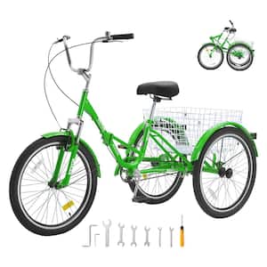 Folding Adult Tricycle 24 in. Adult Folding Trikes Carbon Steel 3 Wheel Cruiser Bike Foldable Tricycles, Green