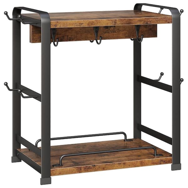 Wooden Coffee Bar Organizer with 14 Mug Hooks and 2-Tier Countertop Shelf for Mugs, Cups and Syrup Accessories
