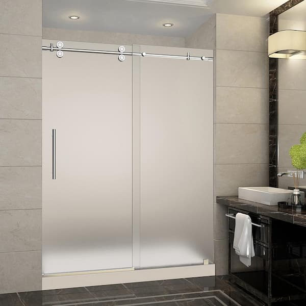 Aston Langham 60 in. x 32 in. x 77.5 in. Completely Frameless Sliding Shower Door with Frosted in Chrome with Center Base