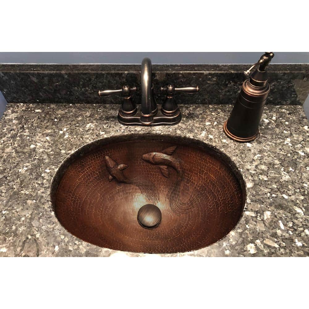 19" Oval Hammered Copper Undermount Sink with Koi Fish Design