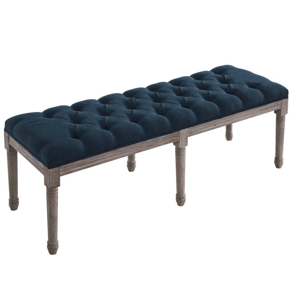 Navy French Vintage Upholstered Fabric Bench with Wood Legs