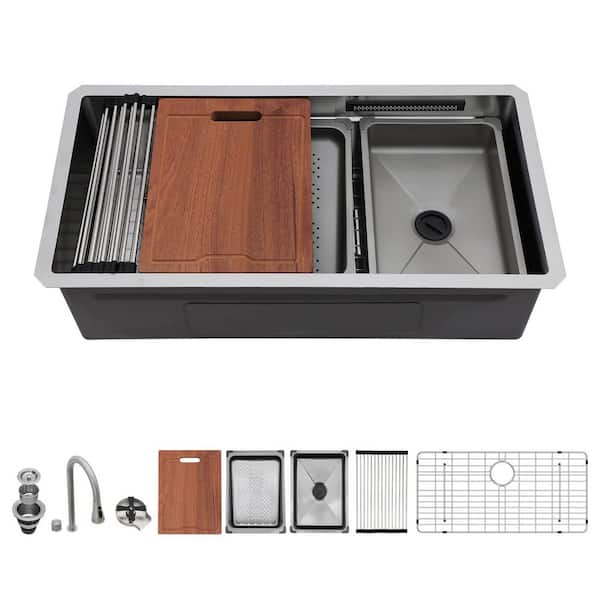 33 in. Undermount Single Bowl 16-Gauge Stainless Steel Brushed Workstation Kitchen Sink with Faucet and Bottom Grid