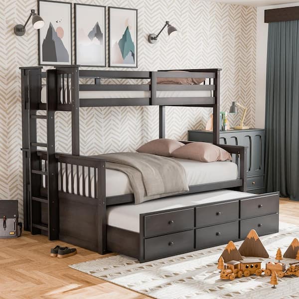 Furniture of America Seafrost Gray Twin Over Full Bunk Bed with Trundle and 3-Drawers